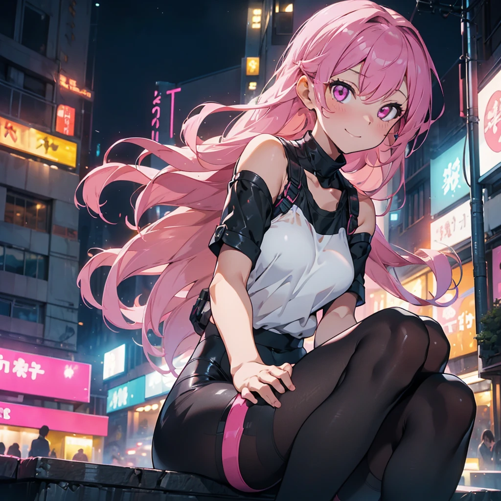 One Girl, yellow eyes, hair twintails, long hair, pinky hair,  medium breast, medium ass, smile, happy, bobby pins, choker, smile, happy facial, city, night,earrings, leggings, drop shoulder sweater top, sitting, table, chair, holding a glass of wine