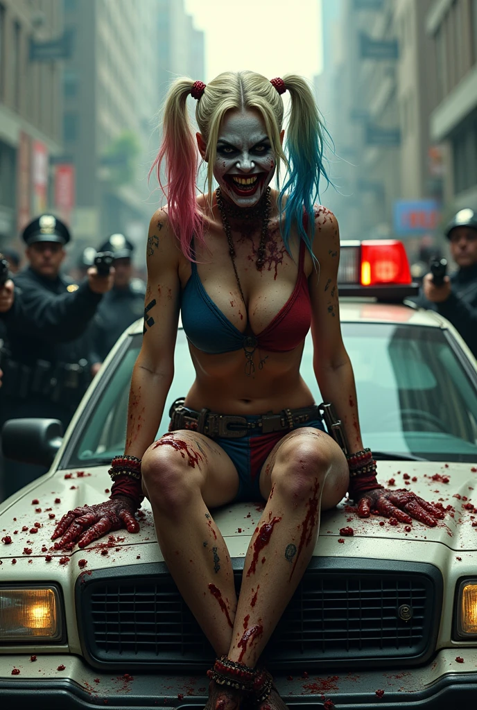 (Extreme complexity, two unique subjects) Margot Robbie as Harley Quinn (insane pretty face, tiny themed outfit Harley Quinn makeup on body, blood spatter) is wielding a bloody ball bat. Harley is standing over a confused Saitama who is lying on the ground on his back (iconic yellow suit, blood spatter, red cape, bald head). Downtown Tokyo