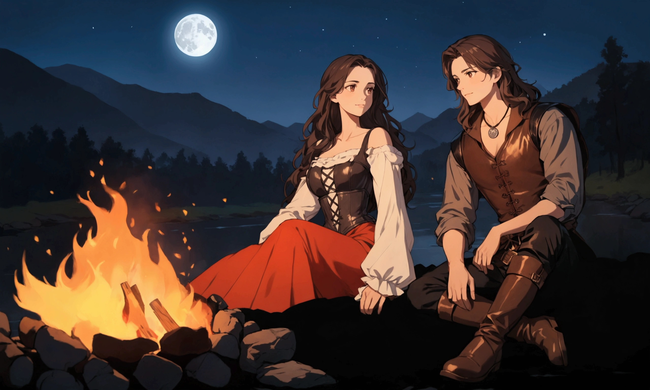 masterpiece, best quality, perfect face, anime, (expressive eyes), campfire, night scene, two people sitting by the fire staring at each other affectionably. medieval fantasy renaissance. young woman on the left wearing red dress with a leather corset and long open shoulder sleeves, she have black wavy hair and brown eyes. young man on the right wearing grey shirt with a leather vest, black pants and boots, he have long wavy brown hair falling over his shoulders and brown eyes, silver medallion around his neck. campfire in front, dark silhouettes of trees, mountains and a river flowing in the background, deep blue sky replete of starts and a full moon, soft natural lighting from the fire, warm and cozy atmosphere, low angle, balanced exposure