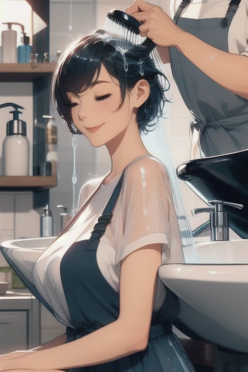 (detailed realistic background:1.3),
(Official Art, beautifully、aesthetic:1.2),
Realistic lighting,
[Cinema Lighting|Sunset lighting],
Hyperrealism,
Calm tone,
Calm colors,
High Contrast,
Soft Light,
sharp,
Artistic photography,
(cute, small:1),
thin,
Big Breasts,
Beauty Salon, strong, A hairdresser wearing an apron stands behind the girl, Lying in a ceramic sink, Lather on hair, shower head,  shampoo, Transparent Concealment, close your eyes, smile, Wet Hair