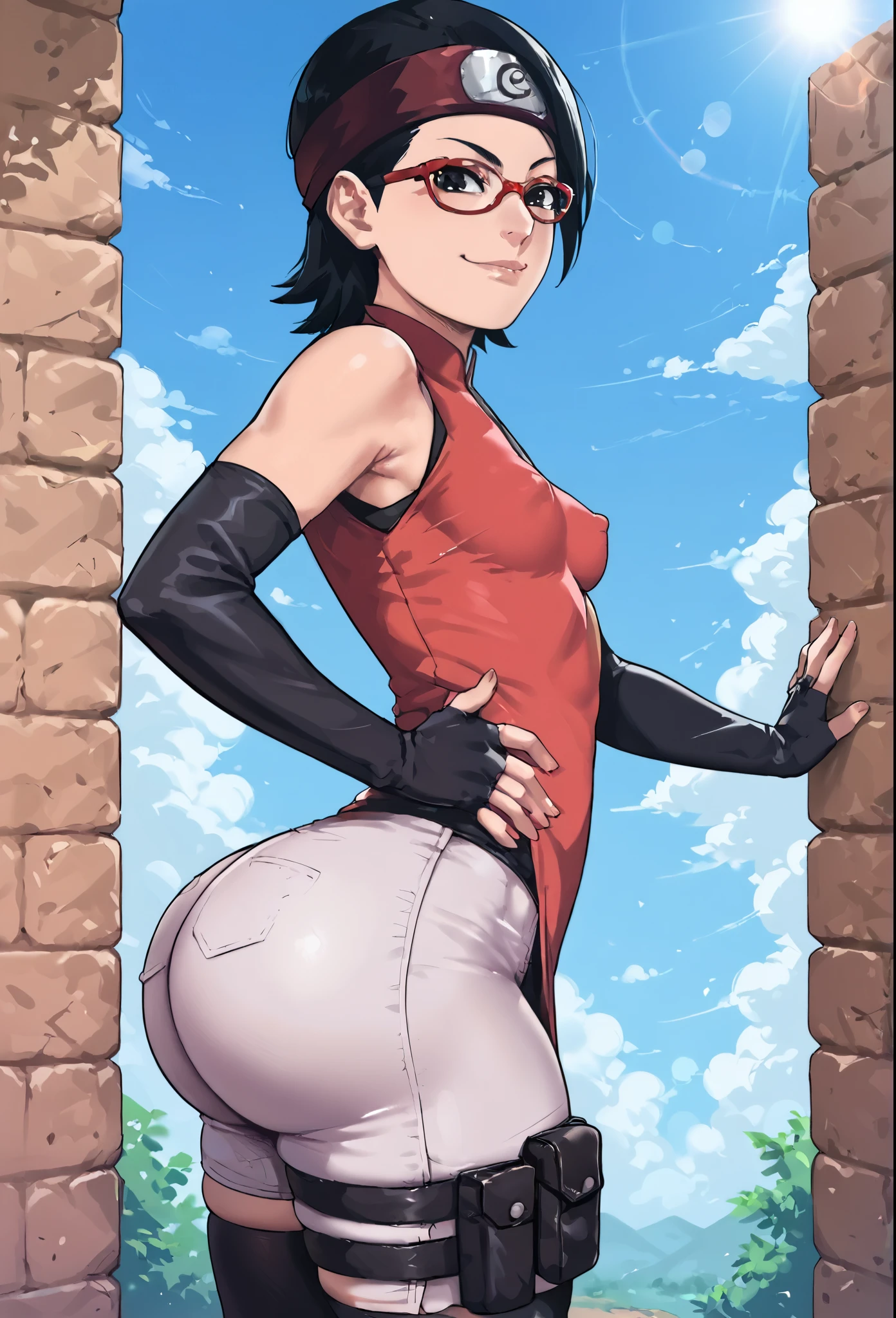 score_9_up, score_8_up, score_7_up, score_6_up, score_5_up, score_4_up, ,zPDXL2, solo, rating_safe, perfect face, perfect eyes, BBC_Chan Style, Sarada Uchiha, solo, 1girl, black hair, short hair, red-framed eyewear, headband, glasses, black eyes, double slit red dress, sleeveless, elbow gloves, black gloves, fingerless gloves, white shorts, black thighhighs, thigh holster, large round butt, bubble butt, gluteal fold ,konohagakure village pathway, very small breasts ,full lips, wide hips, thick thighs, (cheeky_smirk:1.3), nipple bulge, (side view:1.4), ass groped from off screen,
