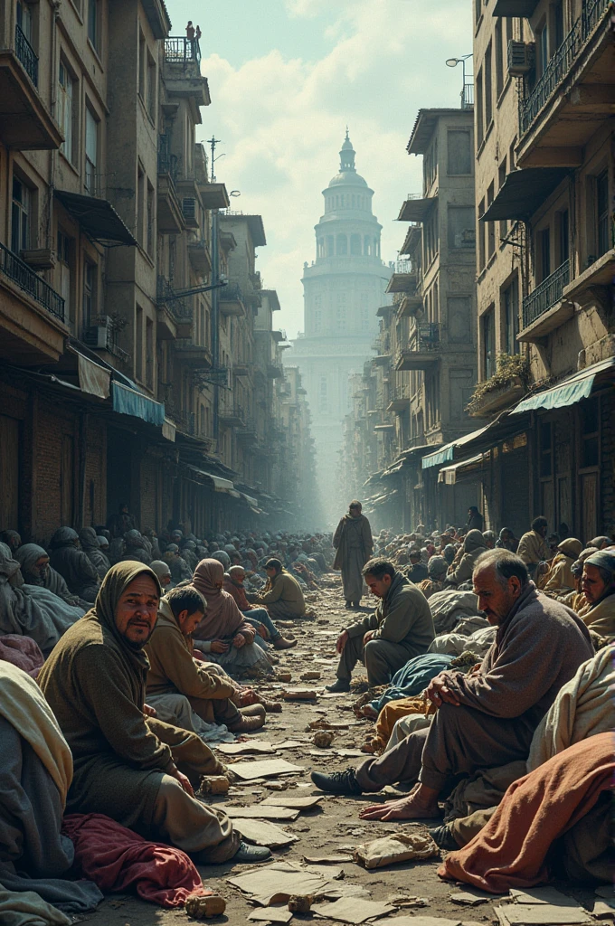 Street overflowing with homeless people**
   - An urban street crowded with people sleeping on cardboard and blankets, surrounded by buildings in poor condition. The image reflects desperation and the lack of basic resources.