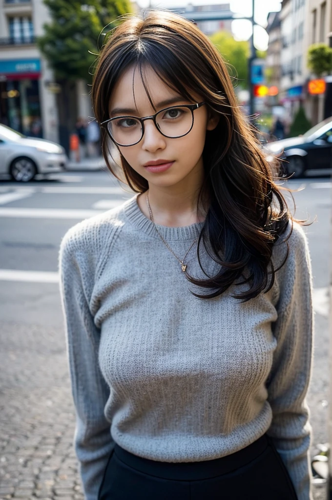 Photo of a beautiful woman standing on a street corner, (masterpiece:1.2, highest quality), (Realistic, photoRealistic:1.4), Beautiful illustrations, (Natural Side Lighting, Cinema Lighting), Written boundary depth, Beautiful thighs staring at the viewer, (((Face Focus, Upper Body))), 1 female, 30-year-old, alone, thin, slender, small breasts!!!, Loose curly hair, Bedhead, Forehead, thin, slender, (((glasses))), Knit sweater, Skinny skirt, Are standing, New York 25th Street, portrait