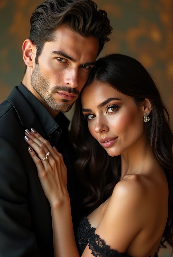 , Best quality, high resolution, Masterpiece: 1.3), Beautiful lady in black sexy gown, Husband-wife moment, Romantic, Handsome billionaire, Intimate embrace,Multiply lights, Dimly lit room, Soft focus, Her long waves cascading over his broad shoulders, His strong arms wrapped around her waist, Her gown clinging to her curves, His suit impeccably tailored, Detailed facial expressions, Relaxed body language, Passionate look in her eyes, His charming smile, Close up shots, Emotional connection, Detailed background, Subtle shadows, Cinematic. Or RAW, Best