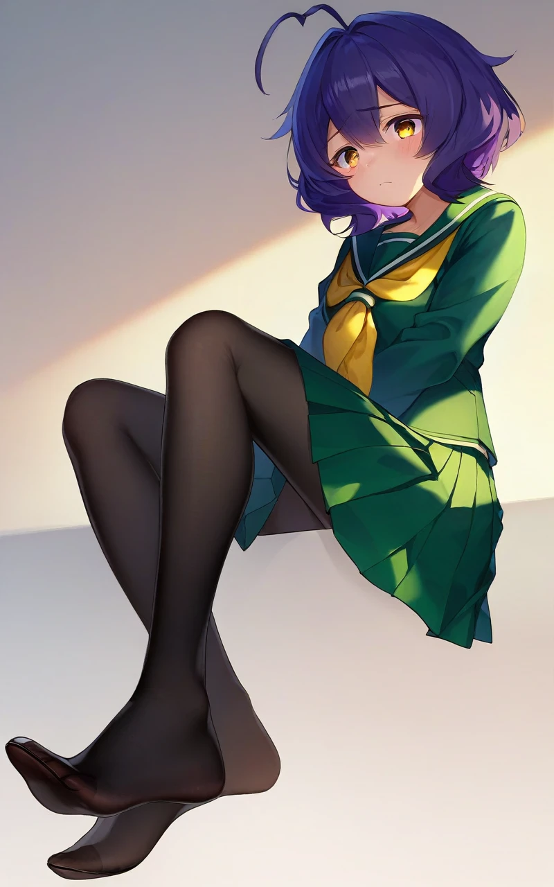 score_9, score_8_Excellent, sauce_Anime Art Stole , Front light, Sitting, 膝のExcellent ,Focus on bare feet, View your audience, Dutch Angle/Dutch Tilt Full Body, Three-point lighting , Contrasting, Dynamic pose, Cinema Lighting, 
One person, short hair, Black and purple hair, Hair between the eyes, Side Lock, Hart Ahoge, bangs, Small breasts +++, Utena, Dark yellow eyes, Looking down +++ school uniform, Seraphim, Long sleeve, Green sailor collar, green midi skirt, Pleated skirt, Yellow neckerchief, Black Pantyhose, loafers, beard, shy