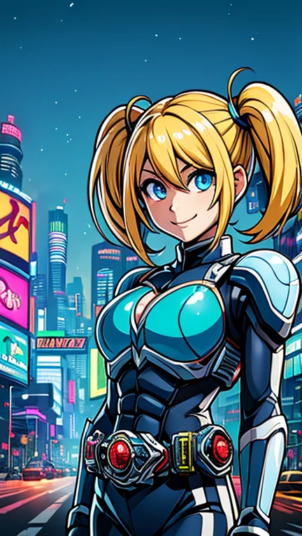 (8k),(masterpiece),(Japanese),(1girl),((Bubbles)),((blue, Kamen_Rider)),From the front, upper body, Cowboy shot, close up, smile,cute,Innocent,Kind eyes, Flat chest, (yellow-blonde hair, blue eyes, short twintails, pigtails), city-scene-aso, night,dark, Neon light, LED, building , landscape, avenue, cyberpunk city, vivid colors 