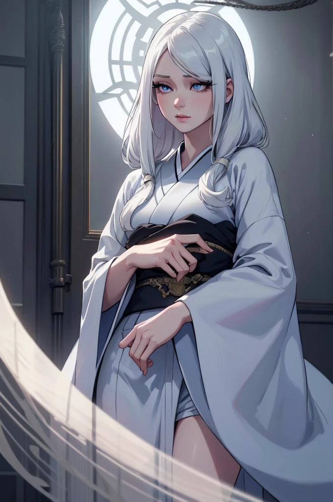Realistic、anime、Big eyes、Strong sexual desire、リアルanimeスタイル、エロanime、Low - Angle、bed、Sit sloppily、Disheveled kimono、Open the chest、looking at the camera