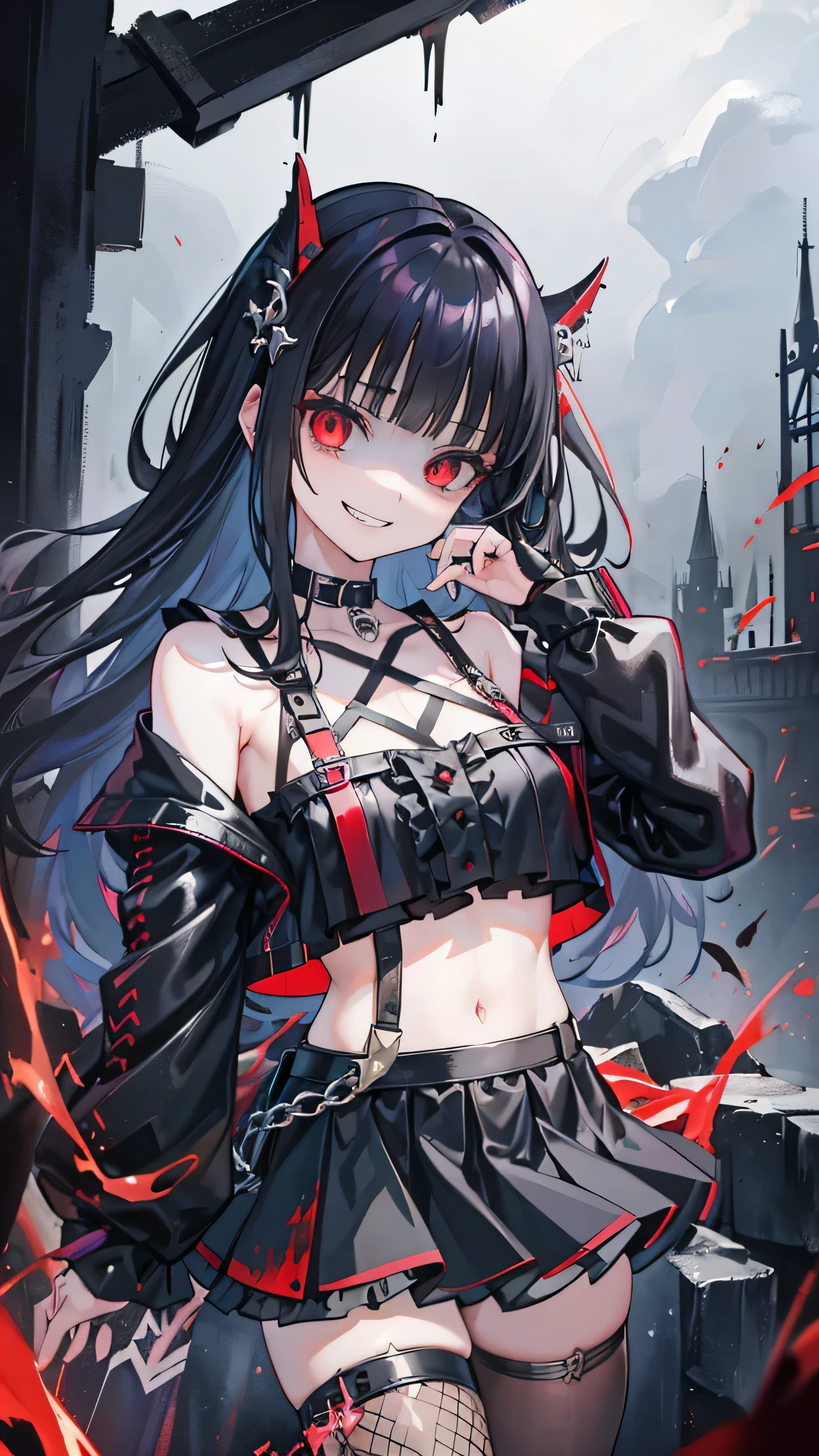 ((masterpiece、Highest quality、Very detailed))、One Girl、Black Hair、longhair、Blunt bangs、Red eyes、Wicked Smile、((Grin))、Small breasts、((Black ruffled clothes))、Off the shoulder、Strapless、((Black leather jacket))、((Checked skirt))、Edge skirt、Multiple Chains、Fishnet tights、Cowboy Shot、,(Shiny latex)、elbow full gloves,thighhigh boots,Ominous landscape,dark aura,ruins,skull,Bloodbath,evil grin,evil smile,Anxious smile,evil darkness
