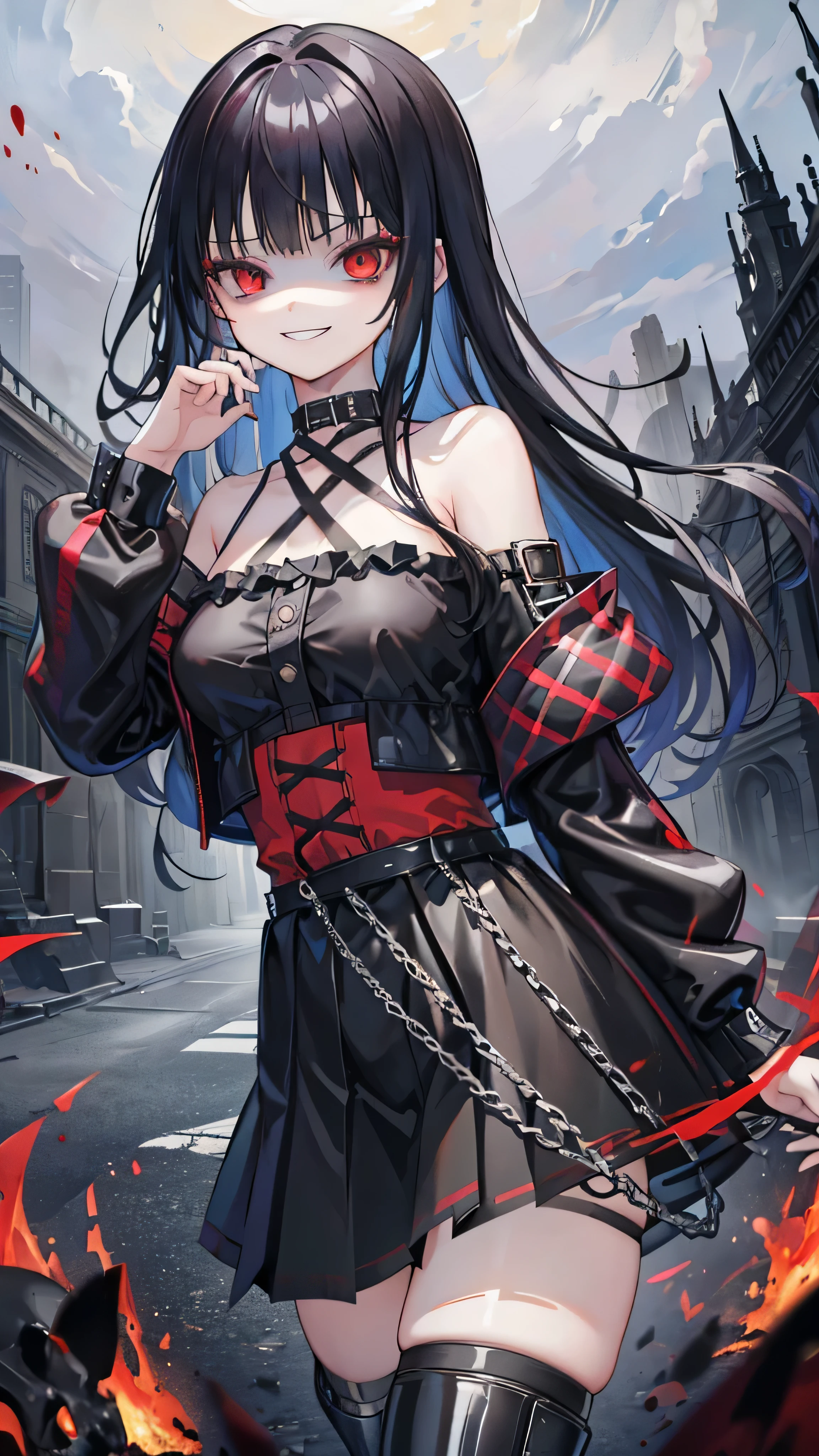 ((masterpiece、Highest quality、Very detailed))、One Girl、Black Hair、longhair、Blunt bangs、Red eyes、Wicked Smile、((Grin))、Small breasts、((Black ruffled clothes))、Off the shoulder、Strapless、((Black leather jacket))、((Checked skirt))、Edge skirt、Multiple Chains、Fishnet tights、Cowboy Shot、,(Shiny latex)、elbow full gloves,thighhigh boots,Ominous landscape,dark aura,ruins,skull,Bloodbath,evil grin,evil smile,Anxious smile,evil darkness