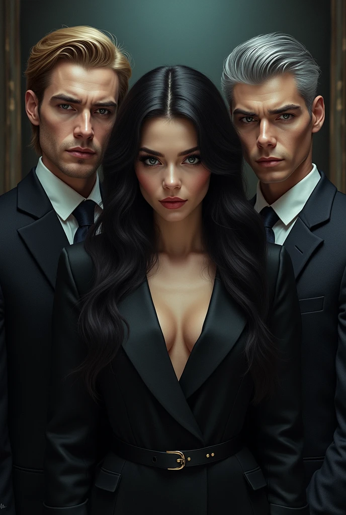 handsome short spiky hair man wearing black suit in city with 2 girl kiss him