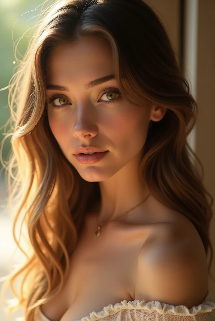 best quality,realistic,portrait,"toppless woman","beautiful detailed eyes","soft and delicate skin","long flowing hair","elegant and graceful pose","subtle lighting","subtle background","","vivid colors" very slutty