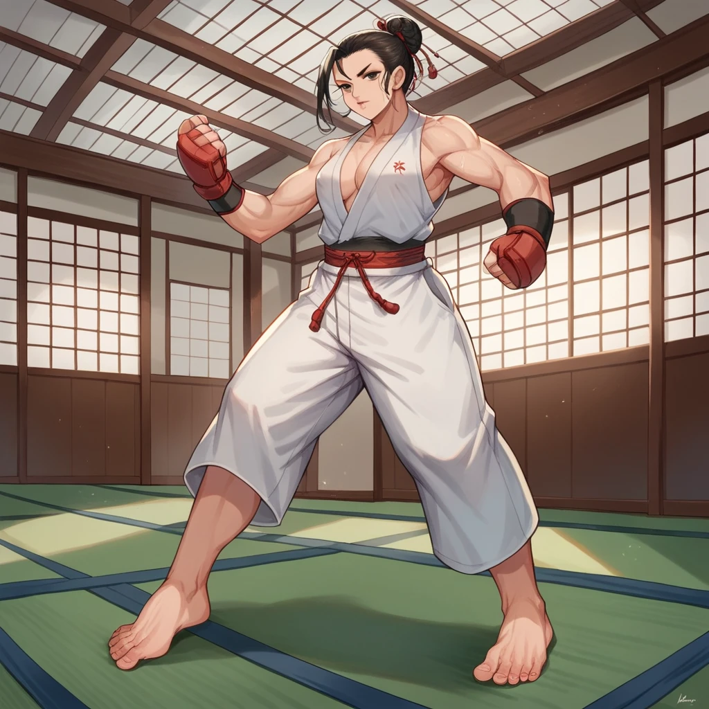 A girl(tall), fighter, taekwondo, dojo, standing, feet, focus on feet, erect nipples,