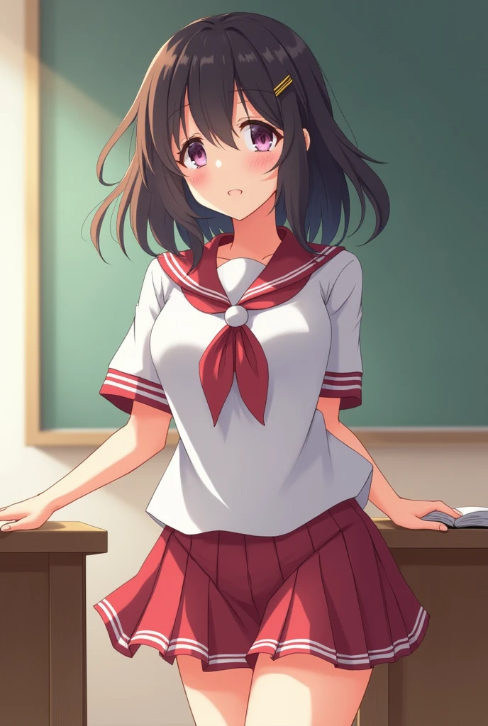 drunk girl ((mischievous smile)) ((messy uniform))((messy school uniform)) ((blushing)) ((sitting)) ((Brown hair)) ((the plan)) ()thin and very not voluptuous body)) ((small breasts)) ((small hips))