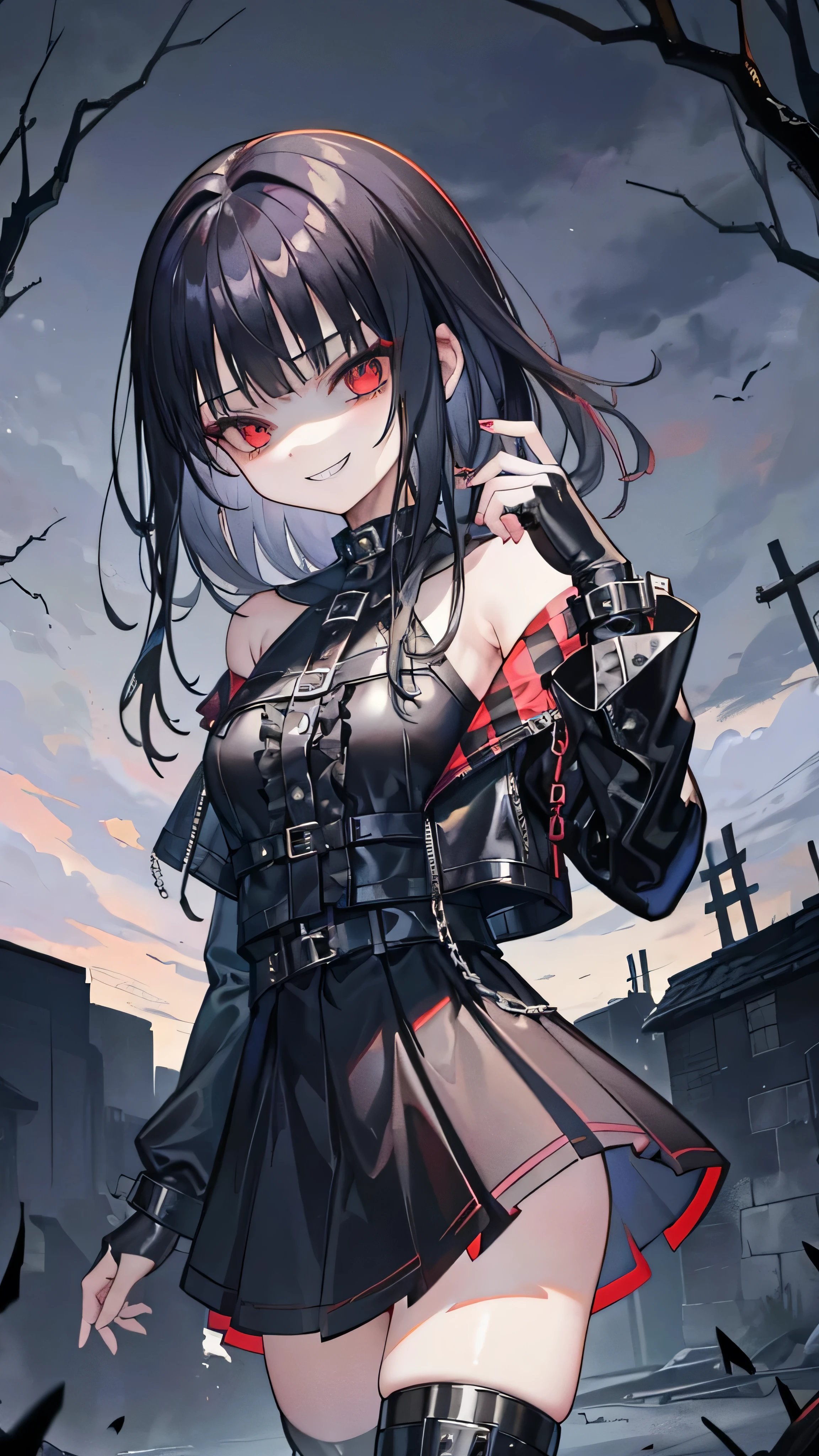 ((masterpiece、Highest quality、Very detailed))、One Girl、Black Hair、longhair、Blunt bangs、Red eyes、Wicked Smile、((Grin))、Small breasts、((Black ruffled clothes))、Off the shoulder、Strapless、((Black leather jacket))、((Checked skirt))、Edge skirt、Multiple Chains、、Cowboy Shot、,(Shiny latex)、elbow full gloves,thighhigh boots,Ominous landscape,dark aura,ruins,skull,Bloodbath,evil grin,evil smile,Anxious smile,evil darkness