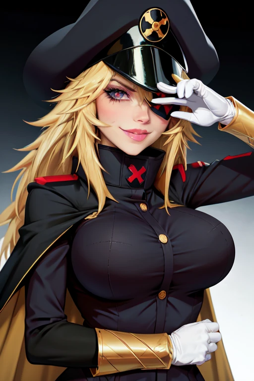 1girl, blonde_hair, black uniform, cape, eyepatch, gloves, hat, large_breasts, pwembg, salute, solo, black armband,, beautiful, (masterpiece:1.2), (best quality:1.2), perfect eyes, perfect face,