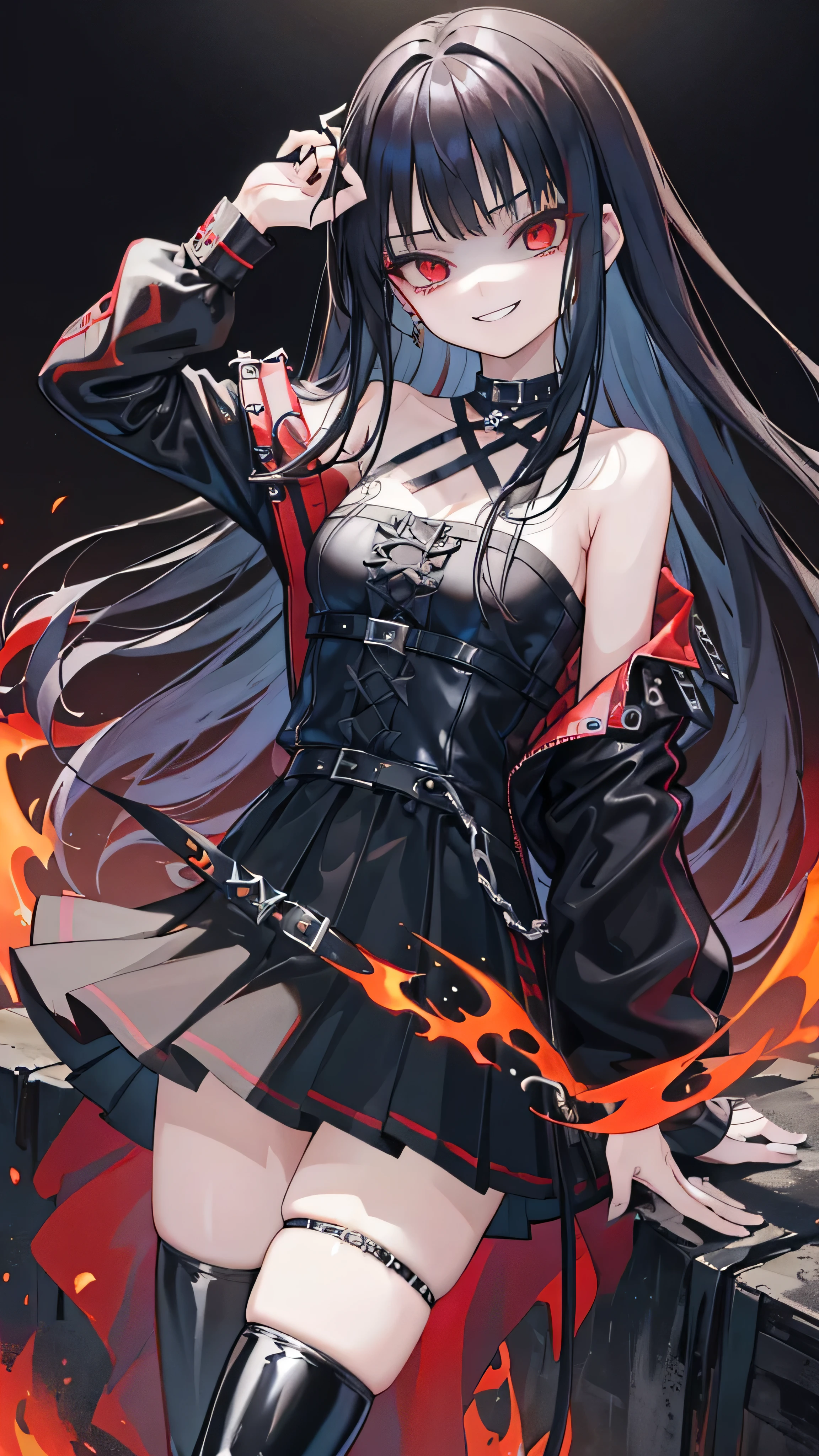((masterpiece、Highest quality、Very detailed))、One Girl、Black Hair、longhair、Blunt bangs、Red eyes、Wicked Smile、((Grin))、Small breasts、((Black ruffled clothes))、Off the shoulder、Strapless、((Black leather jacket))、((Checked skirt))、Edge skirt、Multiple Chains、、Cowboy Shot、,(Shiny latex)、elbow gloves,thighhigh boots,Ominous landscape,dark aura,ruins,skull,Bloodbath,evil grin,evil smile,Anxious smile,evil darkness,Gloomy landscape,Broken ruins