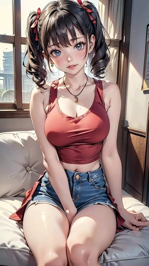 (Highest quality,masterpiece:1.3,Ultra-high resolution),(Very detailed、Caustics) (Realistic:1.4, RAW shooting、)Ultra-Realistic Capture、Very detailed、Natural skin texture、masterpiece、(A Japanese elementary school girl wearing a thin satin red tank top and a mini jeans skirt:1.3)、Adorable expression、Expressions of happiness、、height: 140cm、Baby Face、Pure girl、Amazingly cute、Twin tail hairstyle、Curly Hair、ribbon、Black Hair、Large Breasts、Shining thighs、Shining ass、necklace、Filmed sitting on a sofa in a private room at a sex shop、Background details、smile、An inviting gaze、(Anatomically correct)、Cowboy Shot、Attention to detail、