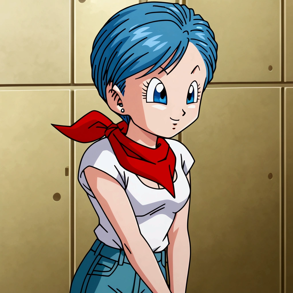 Original style, Bulma, short hair, blue eyes, blue hair, White short-sleeved shirt, jeans, red kerchief around the neck, cowboy boots 