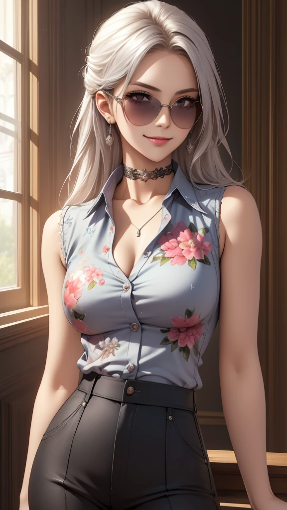 ((best quality, masterpiece)), detailed, realistic, 1woman, cool, fancy ((sleeveless)) floral print shirt unbuttoned, (American armhole), stylish pants, choker, long stylish platinum silver hair, dark shades, smug smile