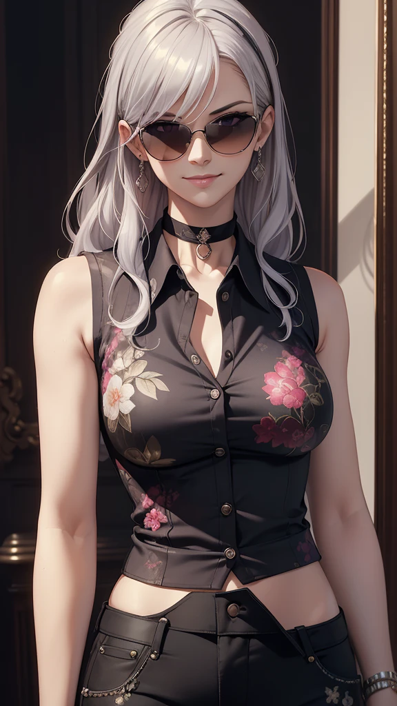 ((best quality, masterpiece)), detailed, realistic, 1woman, cool, fancy ((sleeveless)) floral print shirt unbuttoned, (American armhole), stylish pants, choker, long stylish platinum silver hair, dark shades, smug smile