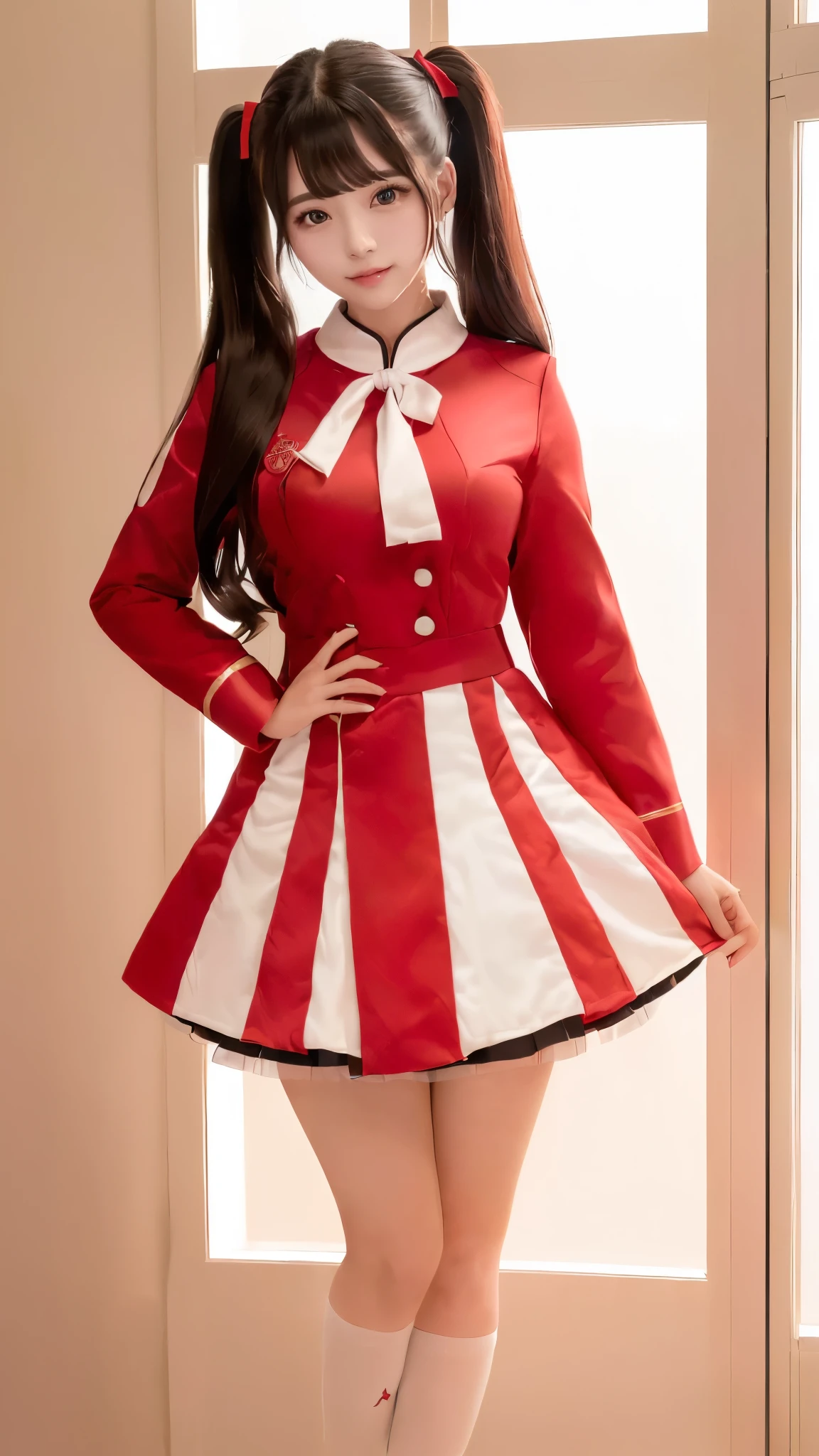arafed woman in a uniform posing in a room, red uniform, rin tohsaka, red and grey only, anime girl cosplay, cosplay, magic school uniform, grayscale phtoto with red dress, anime cosplay, fit coat collar sailor uniform, seifuku, jk uniform, kantai collection style, Reimu Hakurei, magic uniform university, (Highest quality, Highest quality, Masterpiece, Ultra high definition, Reality:1.37), (Detailed eyes and face:1.3, Professional photography techniques), (Smooth and beautiful black hair, Twin tails), ((I can see your shoulders)), (Beautiful small face, Beautiful eyes in every detail:1.1, high nose, Moisturizing lips), (Tight waist:1.2), (Detailed hands:1.2, The right move:1.3, A girl's beautiful and small hands:1.1), (Beautiful feet:1.2)