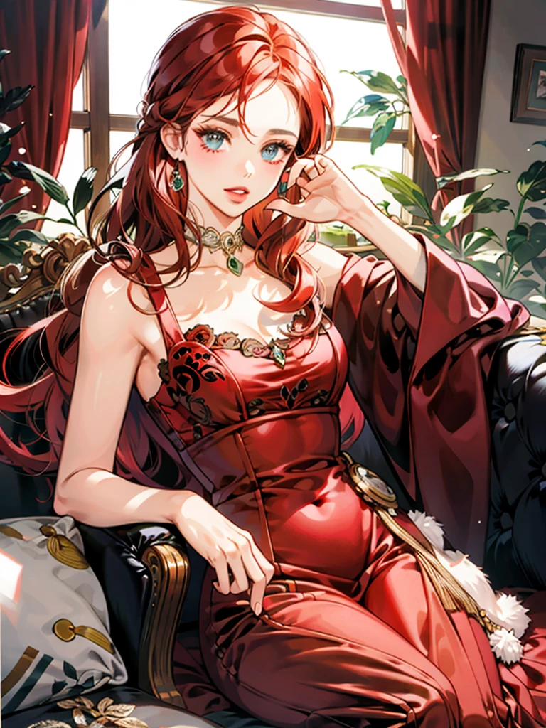 Roman woman (((ultra realistic)), (realistic: 1.2), 21 years old, ancient Rome, detailed body ((realistic)), sensual body, short clothes, perfect waist, straight hair, red hair, (((underwear)) , ((short red clothes)), lies on the bed. --auto --s2
