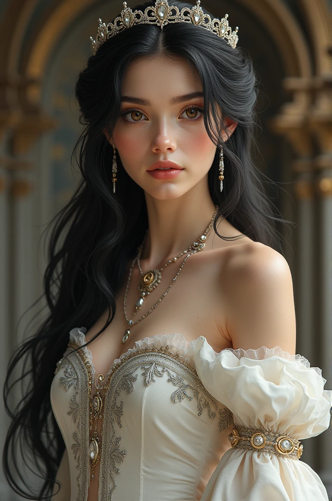 generate a woman with very long black hair, com rosto angelical, fleshy mouth voluptuous body, very thin waist and wide butt, wearing a realistic well detailed wedding dress in white color, with noble fabric embroidered in pearls with a deep neckline, puff sleeves and flared skirt
