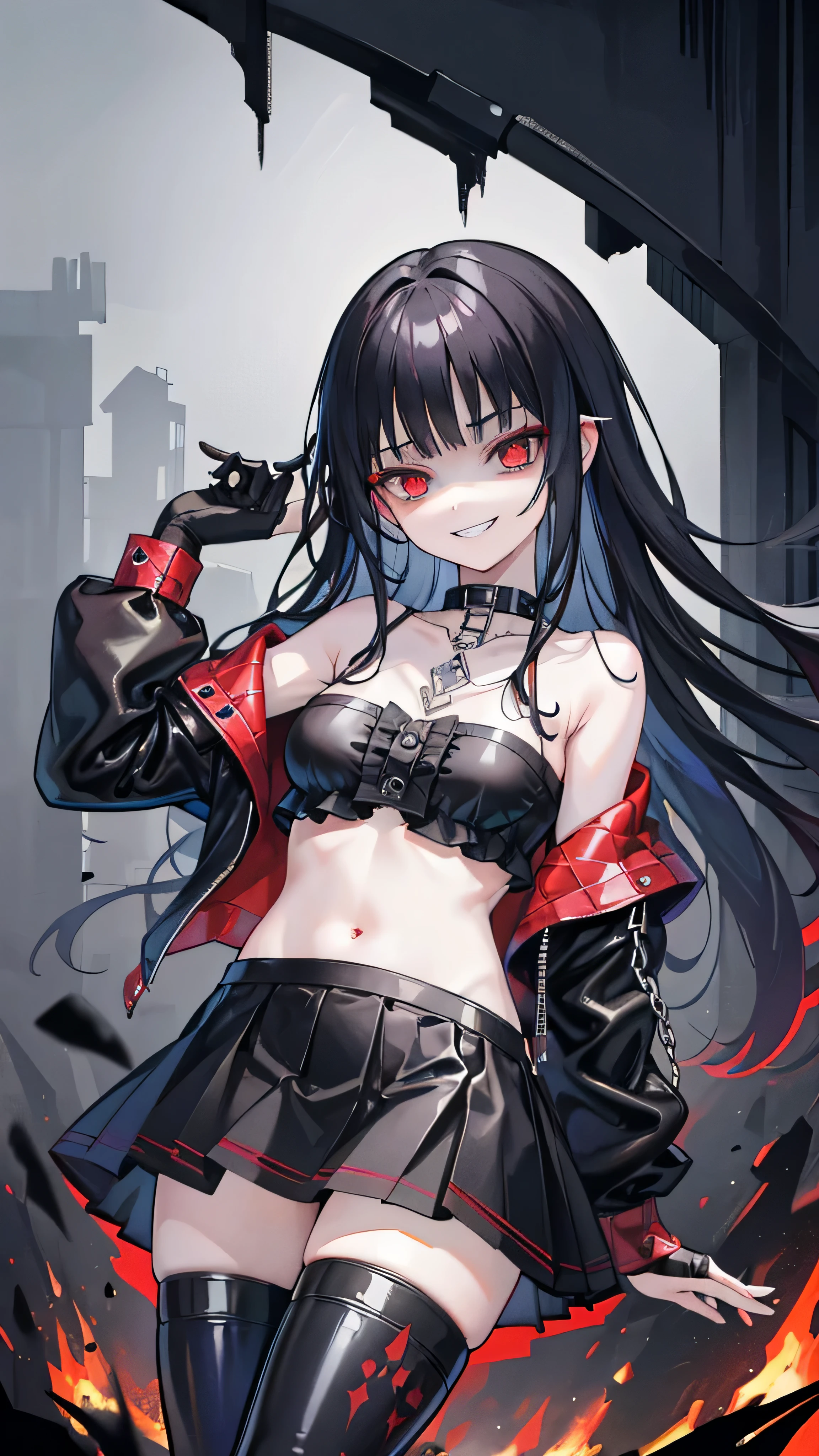 ((masterpiece、Highest quality、Very detailed))、One Girl、Black Hair、longhair、Blunt bangs、Red eyes、Wicked Smile、((Grin))、Small breasts、((Black ruffled clothes))、Off the shoulder、Strapless、((Black leather jacket))、((Checked skirt))、Edge skirt、Multiple Chains、、Cowboy Shot、,(Shiny latex)、elbow gloves,thighhigh boots,Ominous landscape,dark aura,ruins,skull,Bloodbath,evil grin,evil smile,Anxious smile,evil darkness,Gloomy landscape,Broken ruins