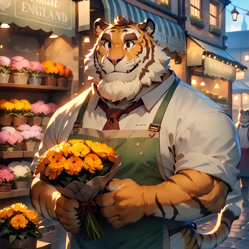 dynamic angle, dynamic pose, florist, plump middle-aged british tiger man, happy, light smile, presenting a bouquet of flowers, marigold, apron, brown eyes, beautiful beard, male face, big face, square jawline, male eyes, sharp eyes, big eyes, male eyebrows, innocent look, fluffy body, BREAK evening, england, flower shop, outdoor, masterpiece, best quality, very aesthetic, absurdres,