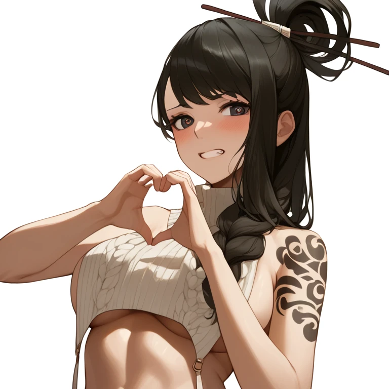 score_9, score_8_up, score_7_up, score_6_up, uncensored, SayoLOR, tattoo on body, black hair, long hair, hair stick, fold, black eyes, BREAK (masterpiece:1.2), best quality, high resolution, (detailed eyes:1.3), perfect lighting, (perfect hands, perfect anatomy), large breasts, standing, virgin_destroyer_sweater, heart hands, embarrassed, clenched teeth, heart-shaped pupils, 