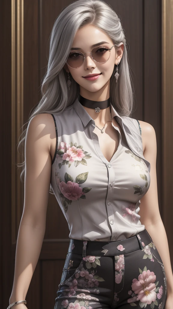 ((best quality, masterpiece)), detailed, realistic, 1woman, cool, fancy ((sleeveless)) floral print shirt, (American armhole), stylish pants, choker, long stylish platinum silver hair, dark shades, smug smile