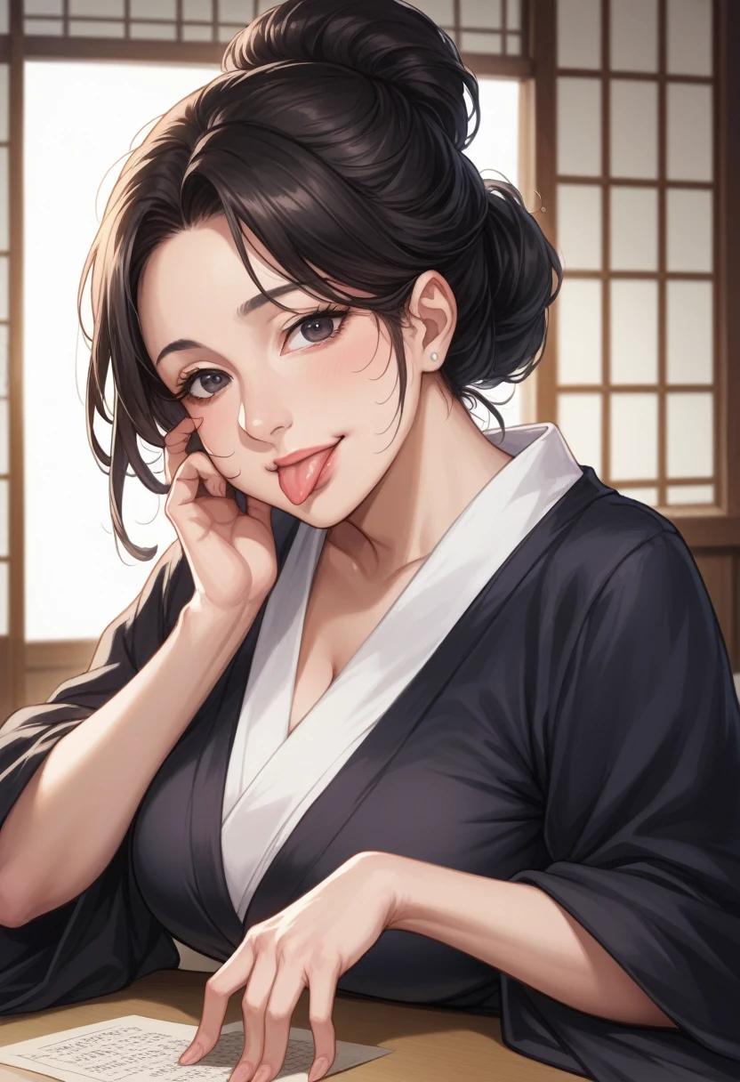 Black kimono、1 woman, (Mature Woman:1.4)、Poison Woman、50 years old、Sexy smile、Black Hair、Updo、Married women、(Sticking out your tongue vulgarly:1.5)、The fingers of one hand are shaped like a cylinder、Japanese-style room,masterpiece,photo realistic,立ち