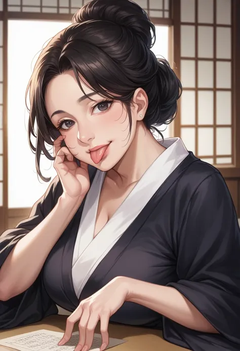 black kimono、1 woman, (mature woman:1.4)、poison woman、50 years old、sexy smile、black hair、updo、married women、(sticking out your t...