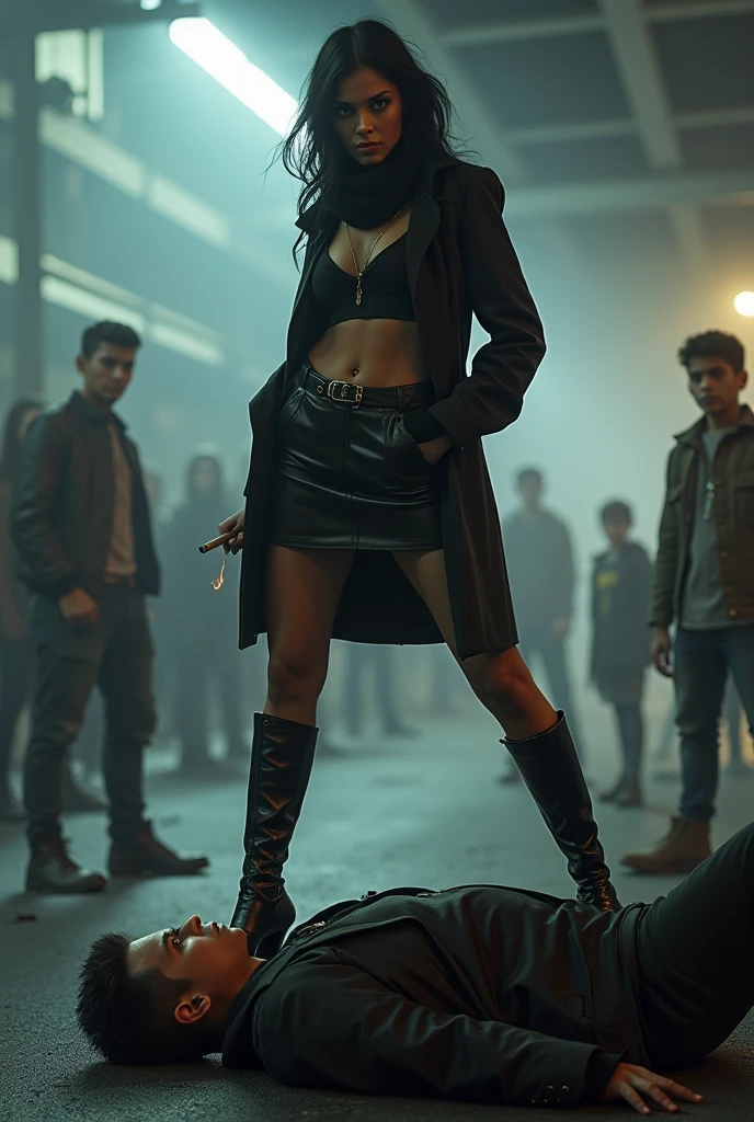 young asia girl, skinny, black hair, black leather jacket, black leather low rise pants, black leather belt, black leather overknee boots, black leather gloves, gun in right hand, cigarette in left hand, face mask, street by night, two police officers dead on street, police car in background