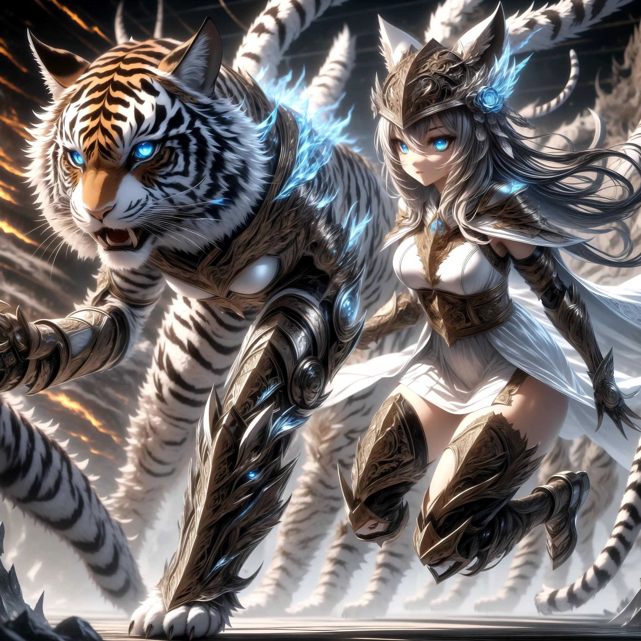 RAW photo, (high detailed skin:1.2), intricate details, best quality, 8k uhd, soft lighting, 1girl, Malenia, armor, cape, helmet, brown dress, prothestic leg, single mechanical arm, prosthesis... Demonic black tiger with blue eyes 