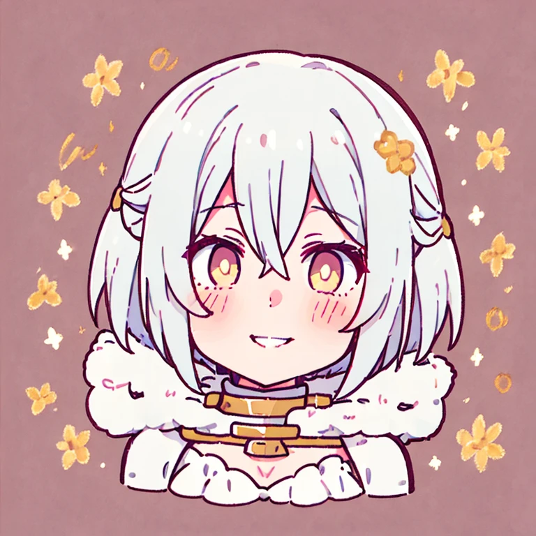 One girl, chest, white hair, yellow eyes, blushing, smiling, droopy eyes, short hair