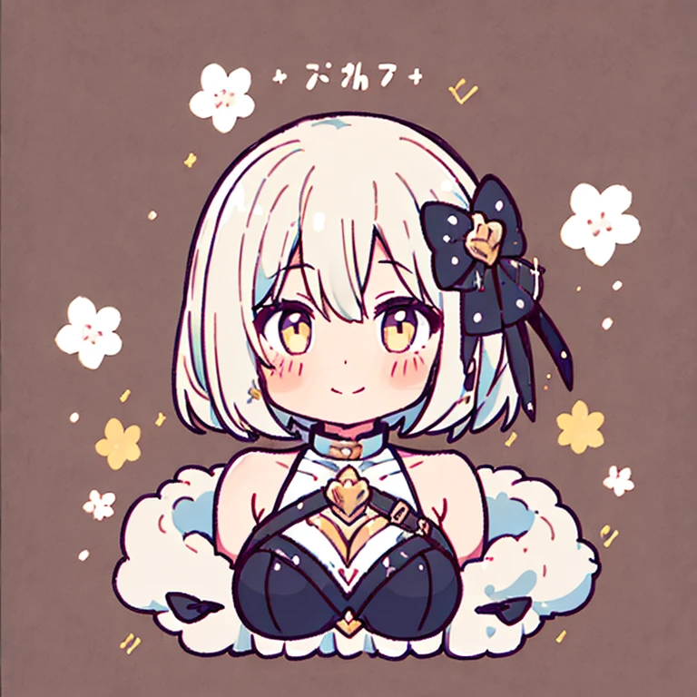 One girl, chest, white hair, yellow eyes, blushing, smiling, droopy eyes, short hair