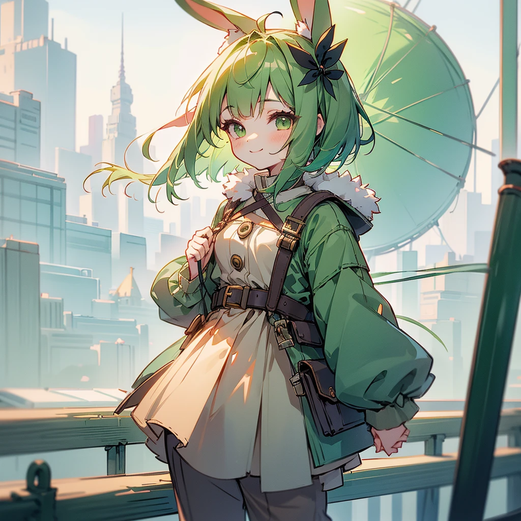 (long Green rabbit ears), green animal ears, (1 girl), green hair, green eyes, bob cut, thin eyebrows, smiling, young, alone, Lolita, childhood, child, short, overall, coat, long boots, red hood, wide pants, harness, fingerless globe, belt, waist pouch, in the city, tiny, baby face, pastel academia, cel anime, upper body, half body photo