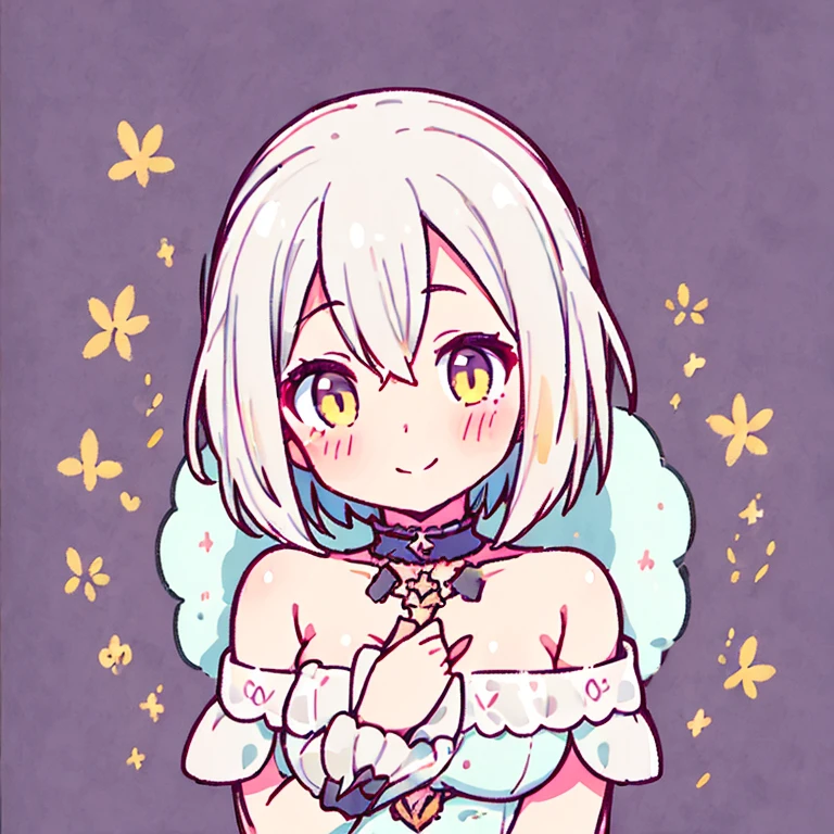 One girl, chest, white hair, yellow eyes, blushing, smiling, droopy eyes, short hair