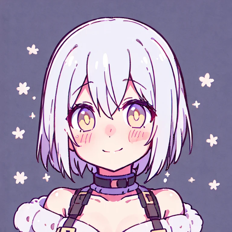 One girl, chest, white hair, yellow eyes, blushing, smiling, droopy eyes, short hair