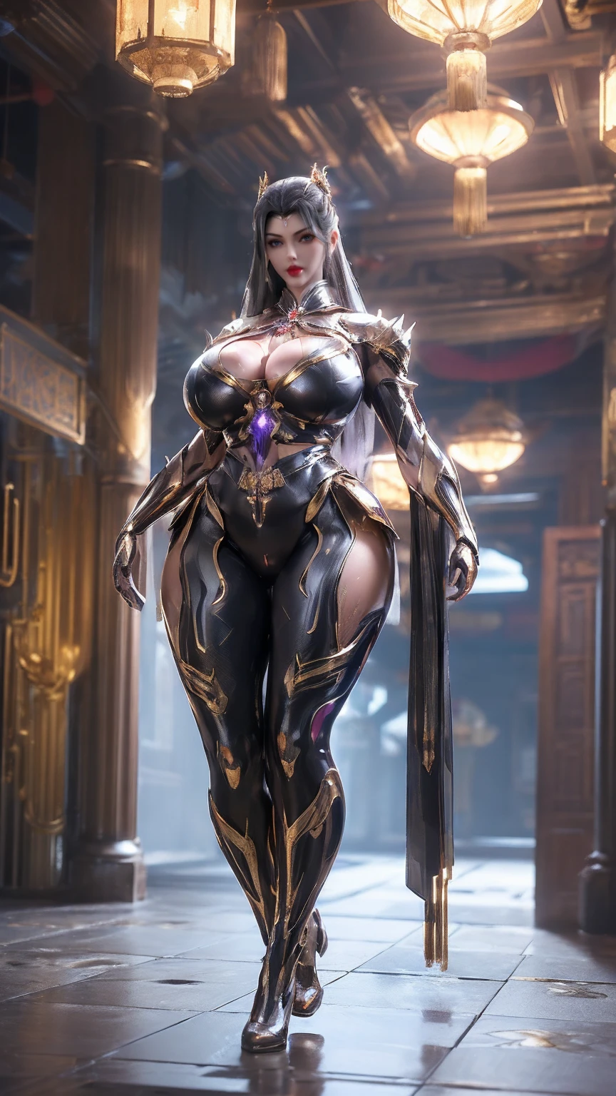 portrait,whole body,Solitary,(Miracle Hair,Phoenix Gold Helmet), (Giant fake breasts,cleveage,Muscle Abs:1.5), (Dark purple mecha shiny futuristic background ,Black and white mecha tight cheongsam suit:1.5,High heel),(Slim figure:1.5), (Sweaty plump body:1.5), (Looking at the audience:1.3),(The lobby of the future space station:1), (Photorealistic:1.4), (Ultra Detailed), (Top quality), (Best shadow), (masterpiece), The interior is brightly lit, Super texture, (4X Multi-Anti-Aliasing), ((Unreal Engine 5 Rendering)), Physically Based Rendering, Ultra-high definition, 16K, 1080P.