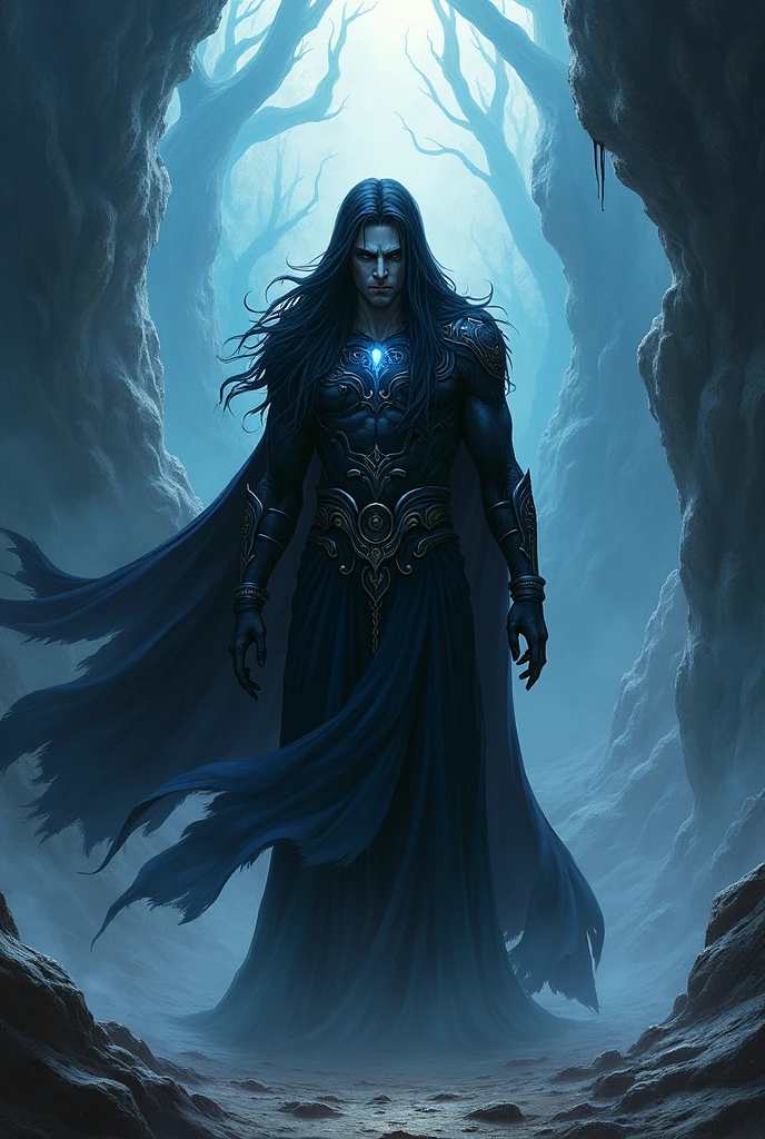 (Perfectly Detailed Eye Rendering), Create an image that depicts Hades, inspired by the book descriptions of the Hades and Persephone saga, written by Scarlett St. Clair. Hades is described as an imposing and seductive Greek god with a dark and powerful aura. He possesses a tall stature and a sculpted body, emanating strength and authority. Her black hair is long and dense, falling in seductive waves over her broad shoulders. His deep eyes are the most intense blue color, conveying a magnetic mystery. He has majestic black horns that curve elegantly around his head, further underscoring his divine nature. The expression on his face reflects a piercing gaze, full of power and knowledge of the dark world he rules. (His skin is pale as the silvery light of the moon:1.2), contrasting with the gloomy scenery around him. In addition, Hades is depicted wearing elegant and majestic costumes, which perfectly match his imposing presence. Their appearance is a balance between beauty and power, attracting both admiration and awe. When creating the image of Hades, be sure to capture his dominant presence, the intensity of his gaze, and the combination of his dark and seductive features. The image should convey the strength and mystery that surrounds it, bringing to life this fascinating Greek god of the underground.