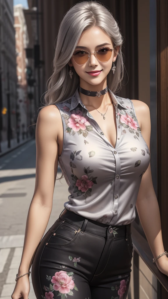 ((best quality, masterpiece)), detailed, realistic, 1woman, sexy,  cool, fancy ((sleeveless)) floral print shirt, (American armhole), stylish pants, choker, long stylish platinum silver hair, dark shades, smug smile, sexy firm breasts