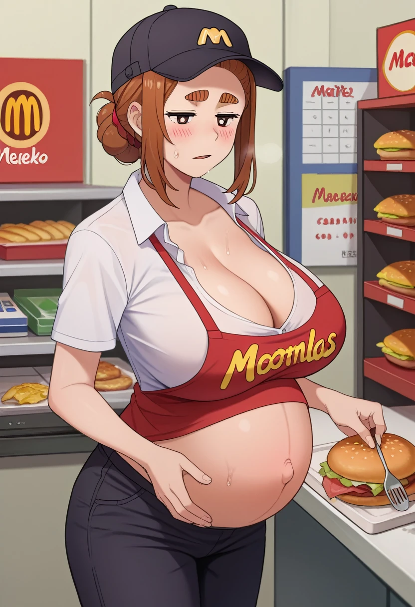 score_9,score_8_Excellent,score_7_Excellent,score_6_Excellent,sauce_anime,Sumireko Ogawa,、McDonald's Cashier 、Short-sleeved red button-down shirt, showing pregnant belly, black hat, long black pants, Raped by another male McDonald's cashier from behind, male McDonald's cashier penis raped from behind  、One Girl, alone, blush, single hair band, View your audience, Large Breasts,Cleavage、 Thick eyebrows, McDonald's Cashier :1.5、Are standing、Half-closed eyes、Sweat、Pregnant women