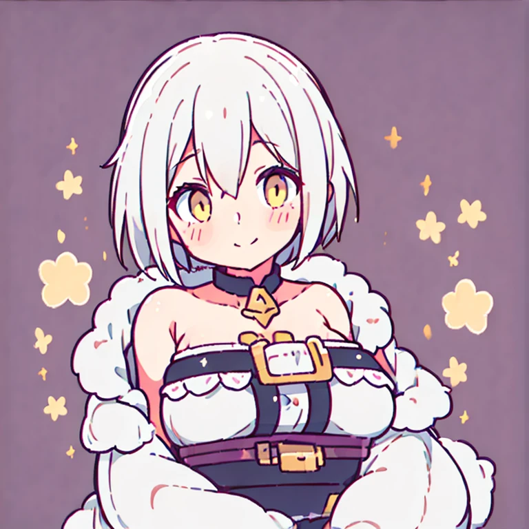 One girl, chest, white hair, yellow eyes, blushing, smiling, droopy eyes, short hair