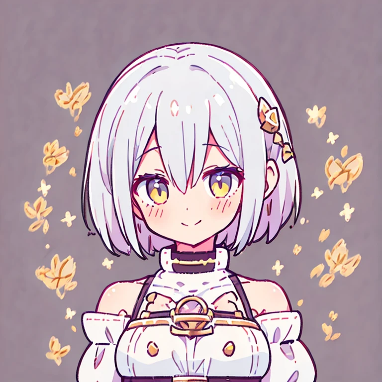 One girl, chest, white hair, yellow eyes, blushing, smiling, droopy eyes, short hair