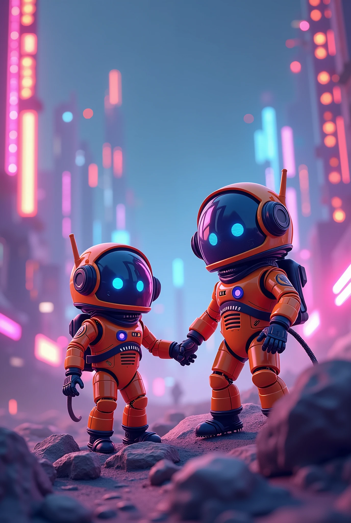 several small orange and purple cosmonaut robots in a futuristic blockchain and NFT universe 