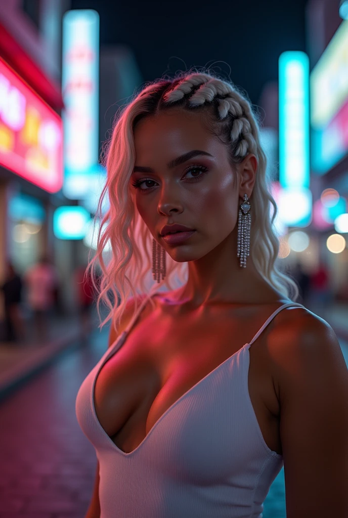 1girl, head phones, under pink bubble water, (18 years old), (Latina), dark skin, (totally realistic), (very hot), (cleavage), (huge breasts), (very wide hips), (so sweet), temptation), (very round ass), ((no belly)), ((flat belly)), ((ultra thin waist)), (white pleated skirt), wide shot, (pink "good girl" t-shirt), (tone abs:1.0), (shoulders back:1.1), (looking at me:1.5) (Masterpiece, Professional lighting, 16k, 8k wallpaper, raw photo, photorealistic:1.8, ultra detailed, natural lighting, detailed skin sexy pose, open mouth, big lips, view from above, night time, eyes closed, pink light, steam, pink foam