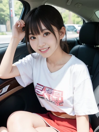 (8K、Raw photography、top-quality、masterpiece:1.2)、(masterpiece,top-quality,超A high resolution),A Japanese Lady, Kawaii Girl、beautifull detailed face,View photographer、,extremely detailed eye and face, Sharp pupils, Natural makeup,slick hair, Professional Lighting,Happy smile、lipgloss、(((Very cute 10 year old girl)))、(((Everyday clothes、a miniskirt))),,(((inside of a car)))