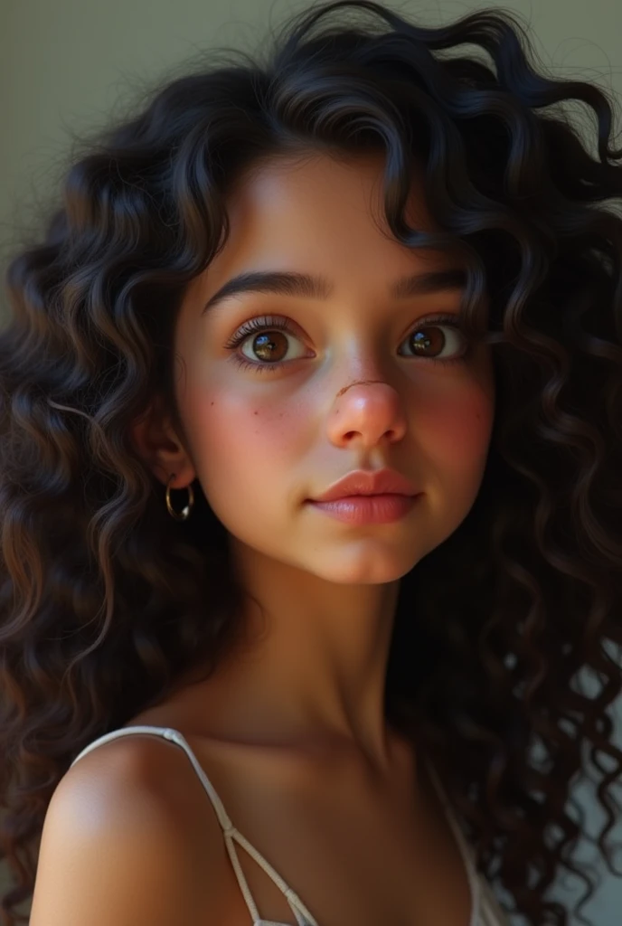A curly haired brown girl,roman nose,and with macadamized lines